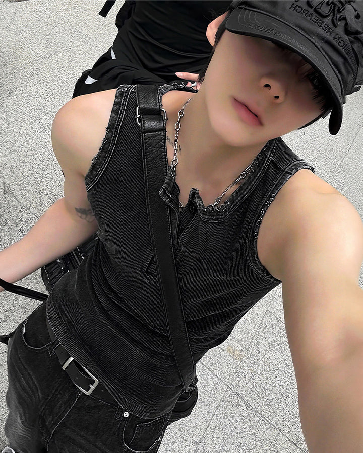New Dark Washed Henley Neck Ribbed Slim Tank Top