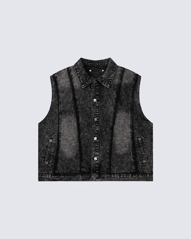 Dark Washed Button Pocket Sleeveless New Denim Vest Hover Image