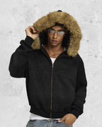 Boxy Zip Fur Collar Hoodie