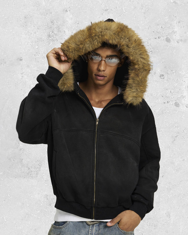 Boxy Zip Fur Collar Hoodie Main Image