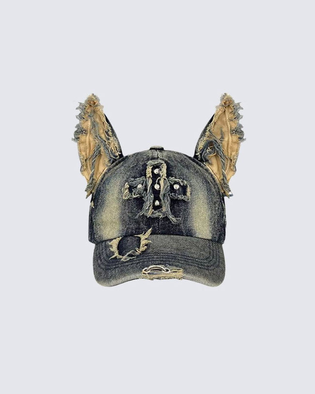 Washed Doberman-Ear Denim Cap Hover Image