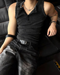 New Dark Washed Henley Neck Ribbed Slim Tank Top