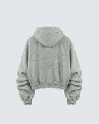 LOW SATURATION-Distressed Cropped Zip-Up Hoodie