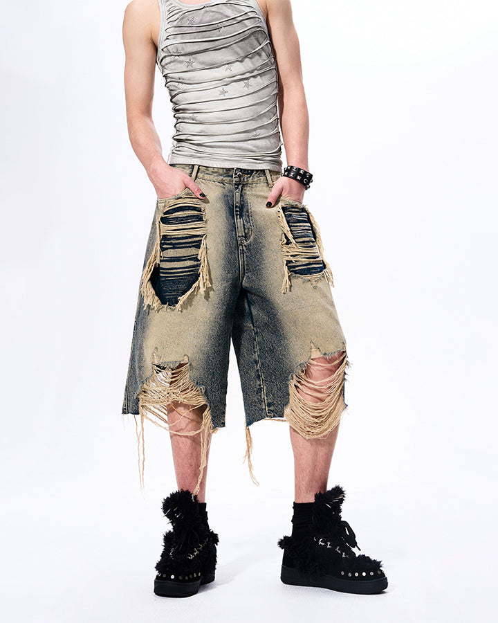 Grunge Acid Wash Star Rhinestone Cutout Ribbed Tank Top
