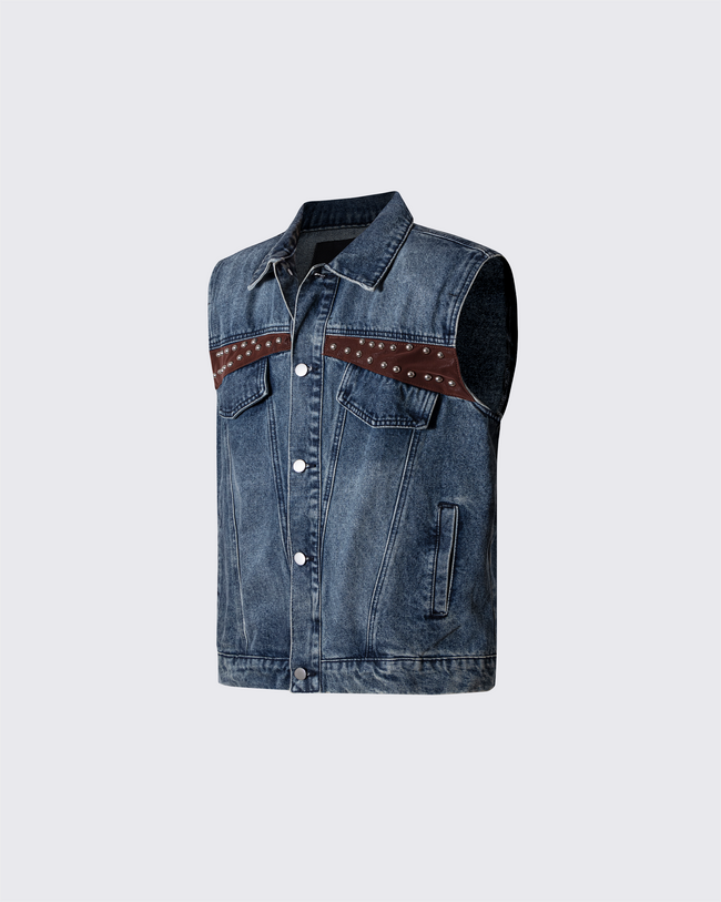 Leather Patch Studded Denim Vest Main Image