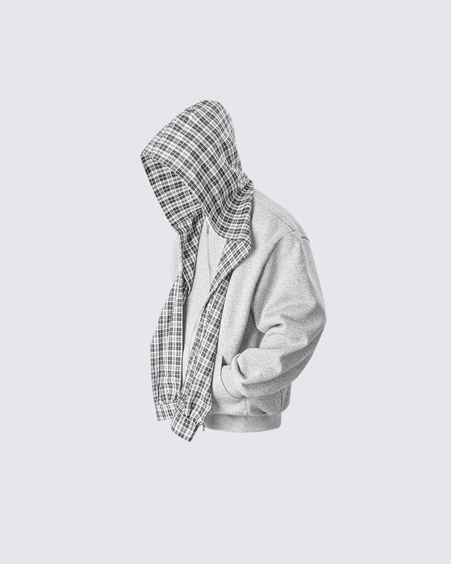 Plaid-Lined Dual-Wear Zip Hoodie Main Image