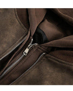 Black Leather Bomber Hoodie Jacket