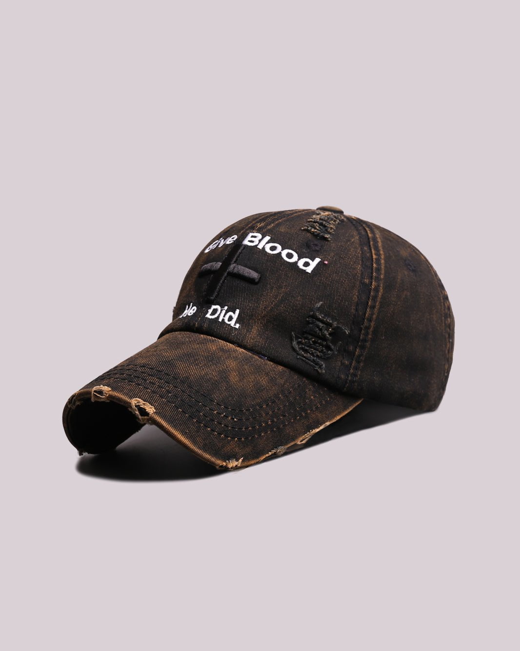 Distressed 'Give Blood He Did' Baseball Cap with Cross Design – Streetwear Style