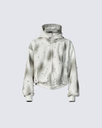 Pearl-Detailed Dirty Wash Zip Hoodie Jacket