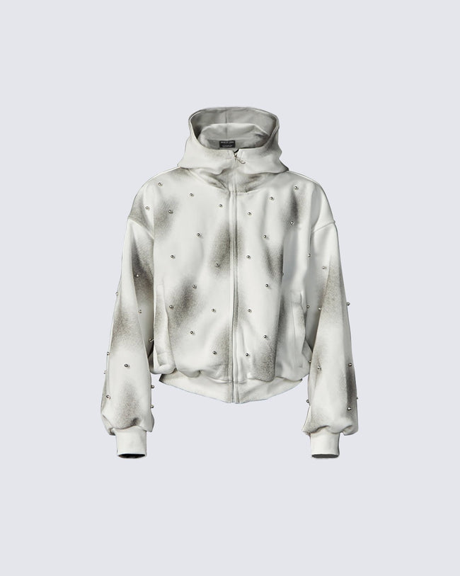 Pearl-Detailed Dirty Wash Zip Hoodie Jacket Hover Image