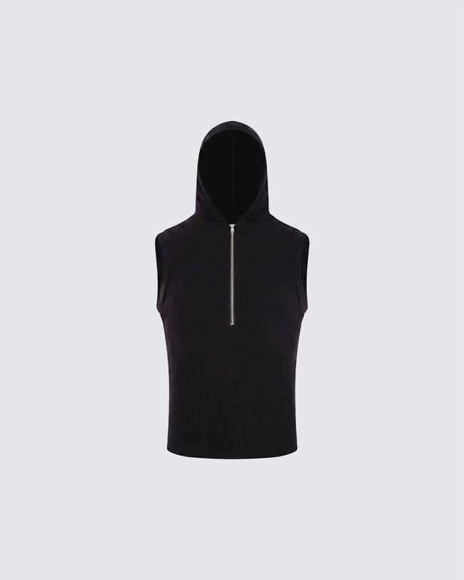 New Dark Ribbed Hooded Sleeveless Zip Knit Top Hover Image