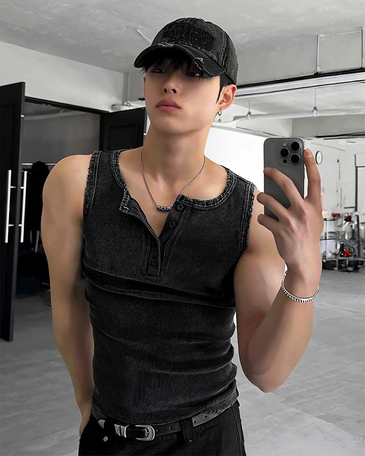 New Dark Washed Henley Neck Ribbed Slim Tank Top