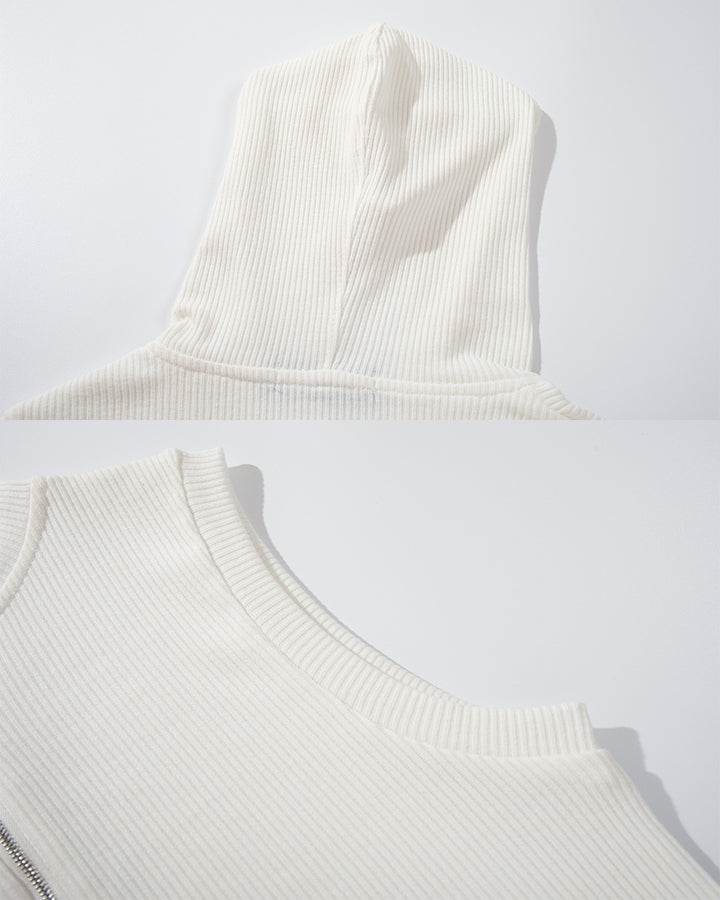 New Dark Ribbed Hooded Sleeveless Zip Knit Top