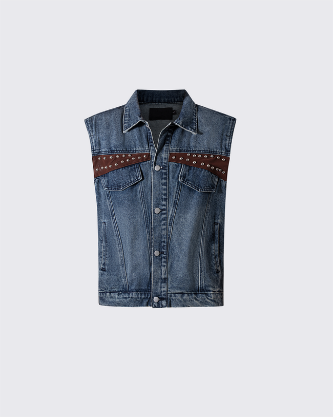 Leather Patch Studded Denim Vest Hover Image