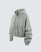 LOW SATURATION-Distressed Cropped Zip-Up Hoodie