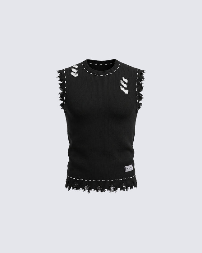 Distressed Trim Hollow Out Knit Tank Top Hover Image