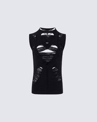 New Dark Distressed Cutout Sleeveless Knit Top