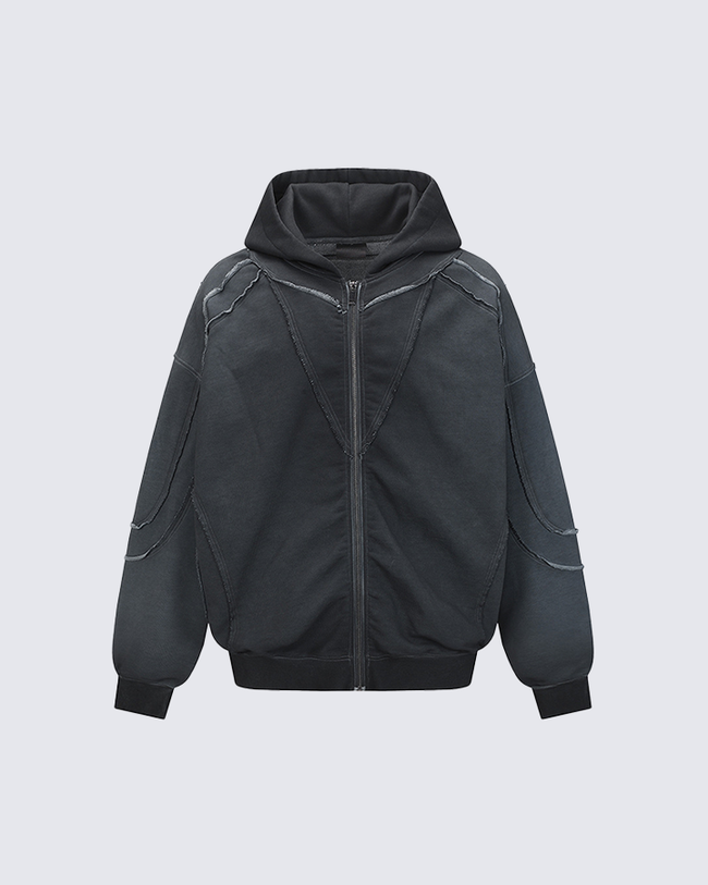 Paneled Stitch Line Zip-Up Hoodie Hover Image