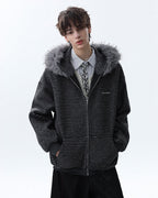 Striped Hoodie Jacket with Fur Trim