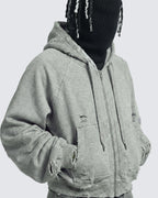LOW SATURATION-Distressed Cropped Zip-Up Hoodie