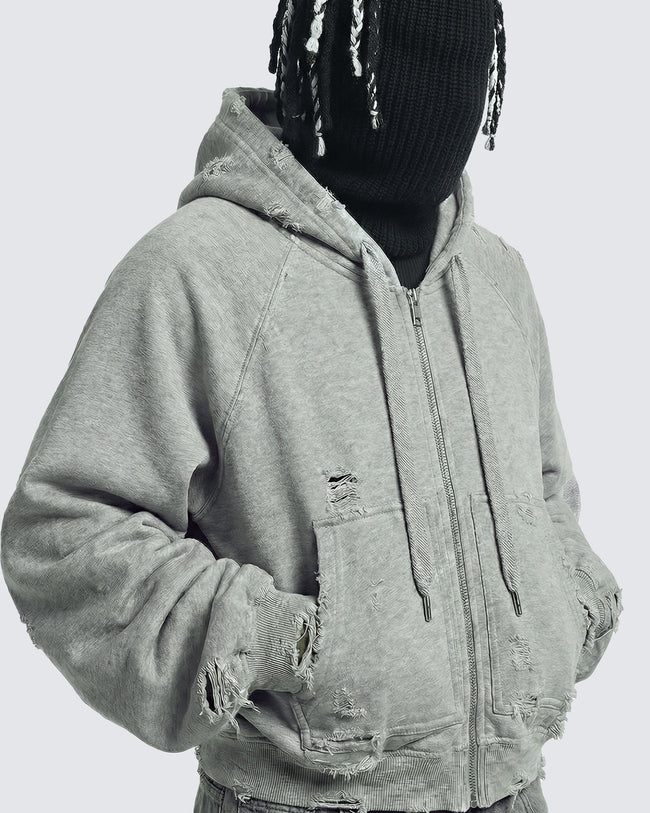 LOW SATURATION-Distressed Cropped Zip-Up Hoodie Main Image