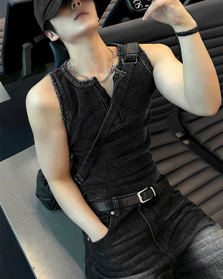New Dark Washed Henley Neck Ribbed Slim Tank Top