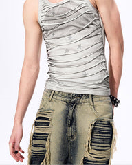 Grunge Acid Wash Star Rhinestone Cutout Ribbed Tank Top