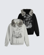 Lightweight Fuzzy Printed Half-Zip Cropped Hoodie