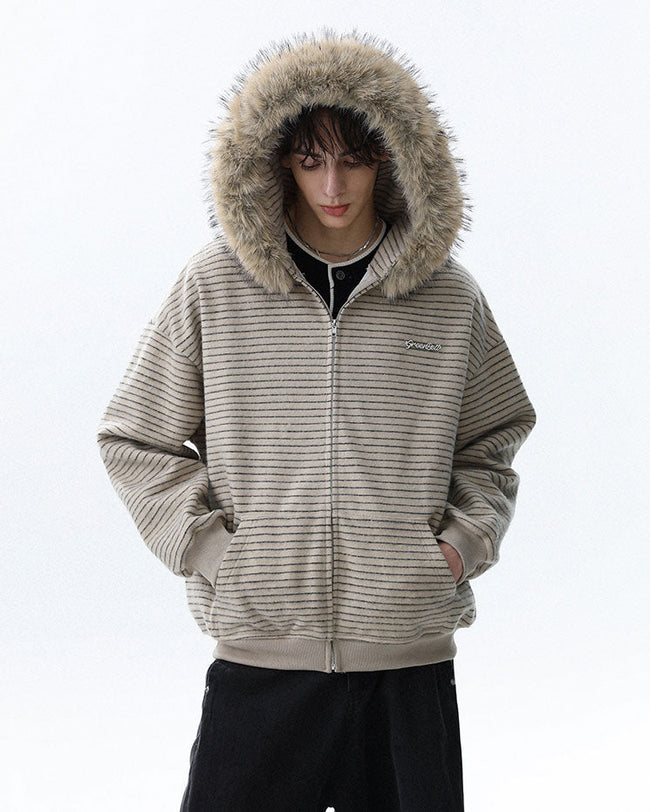 Striped Hoodie Jacket with Fur Trim Main Image
