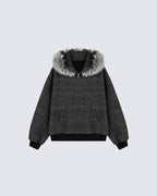Striped Hoodie Jacket with Fur Trim