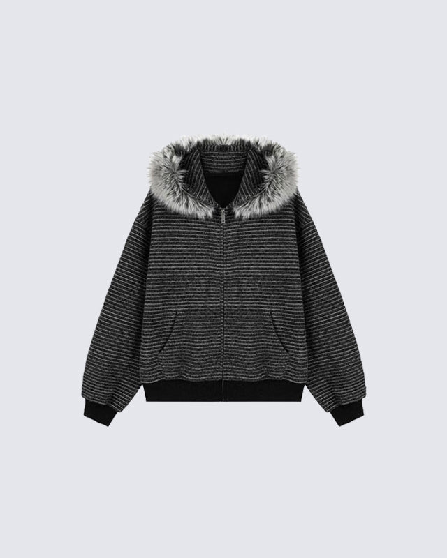 Striped Hoodie Jacket with Fur Trim Hover Image