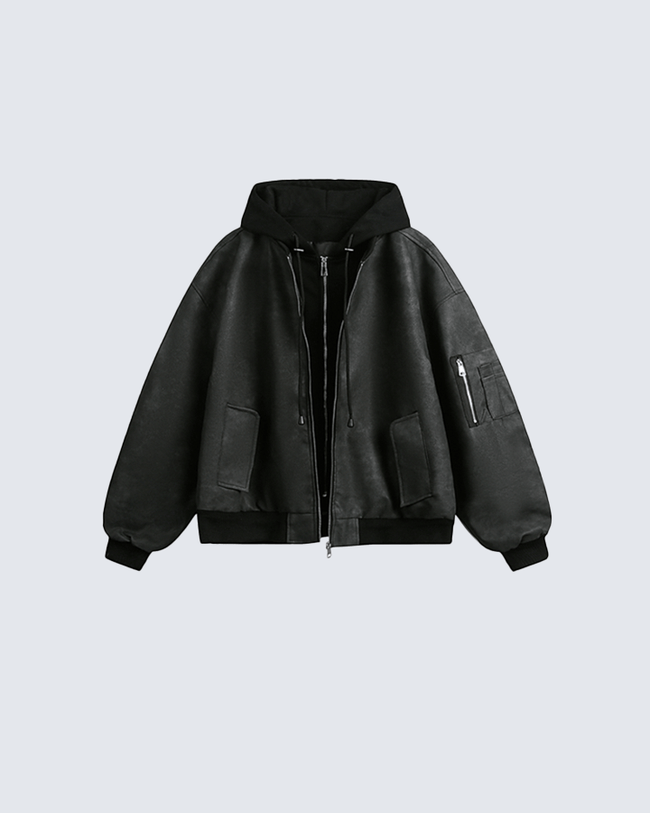 Black Leather Bomber Hoodie Jacket Hover Image