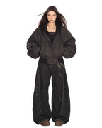 Black Leather Bomber Hoodie Jacket