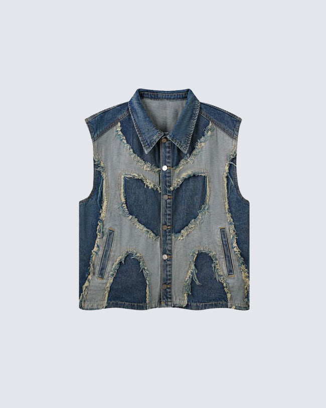 Distressed Patchwork Denim Vest Hover Image