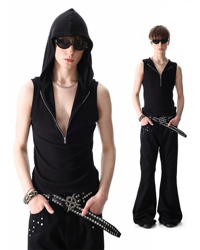 New Dark Ribbed Hooded Sleeveless Zip Knit Top Main Image