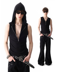 New Dark Ribbed Hooded Sleeveless Zip Knit Top