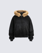 Boxy Zip Fur Collar Hoodie