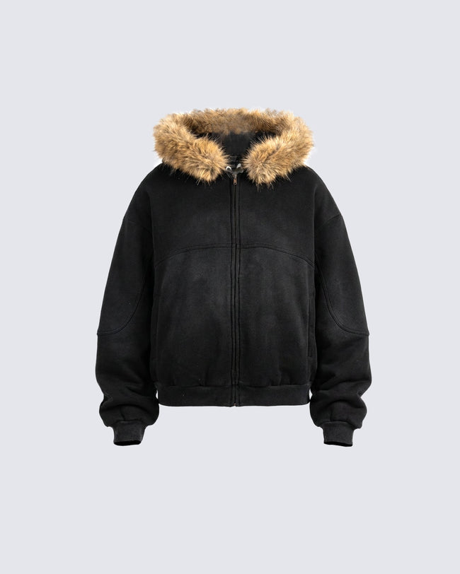 Boxy Zip Fur Collar Hoodie Hover Image