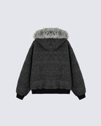 Striped Hoodie Jacket with Fur Trim