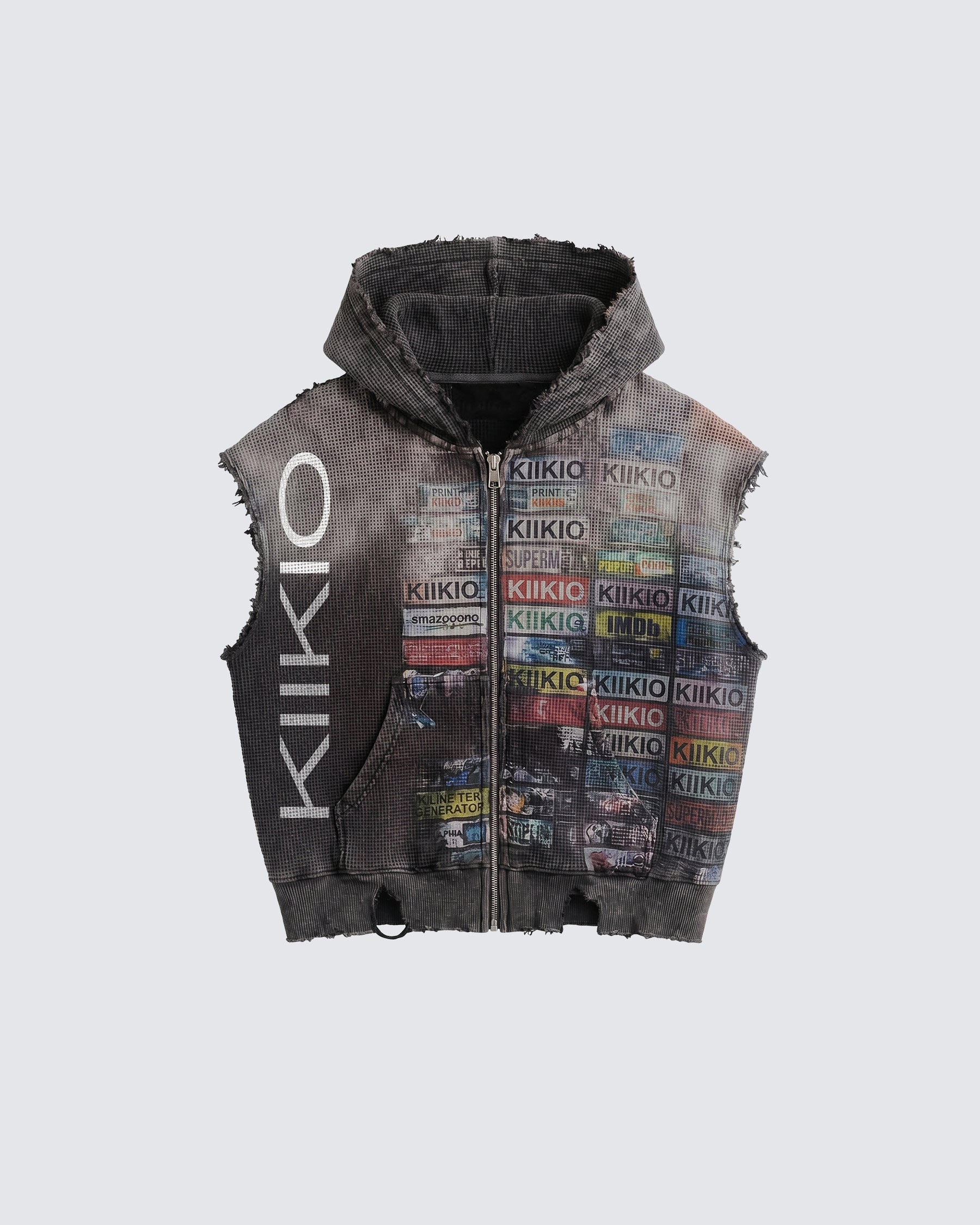 KIIKIO -Distressed Graphic Sleeveless Hooded Vest