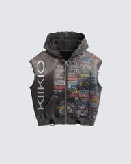 KIIKIO -Distressed Graphic Sleeveless Hooded Vest