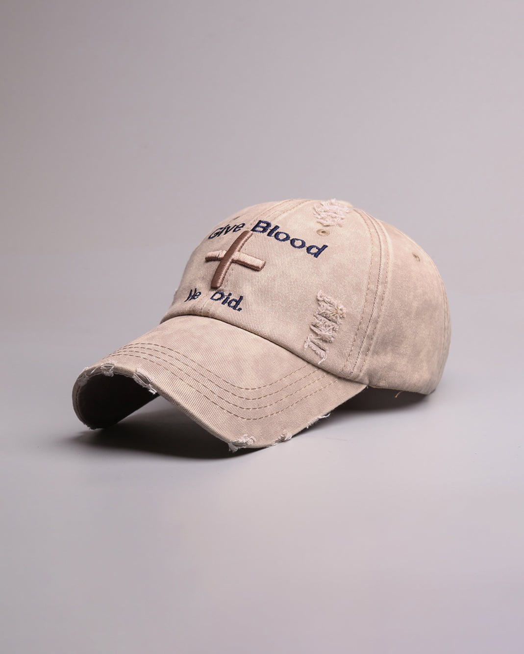 Distressed 'Give Blood He Did' Baseball Cap with Cross Design – Streetwear Style
