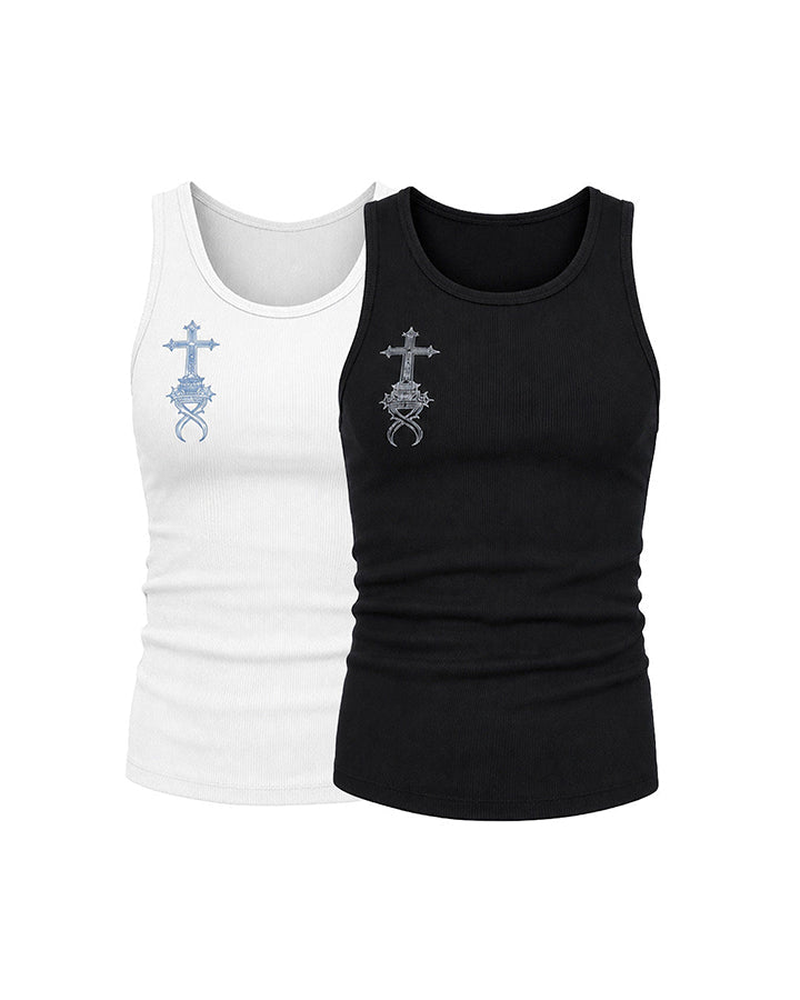 New Gothic Cross Embroidered Slim Ribbed Tank Top