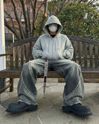 LOW SATURATION-Distressed Cropped Zip-Up Hoodie
