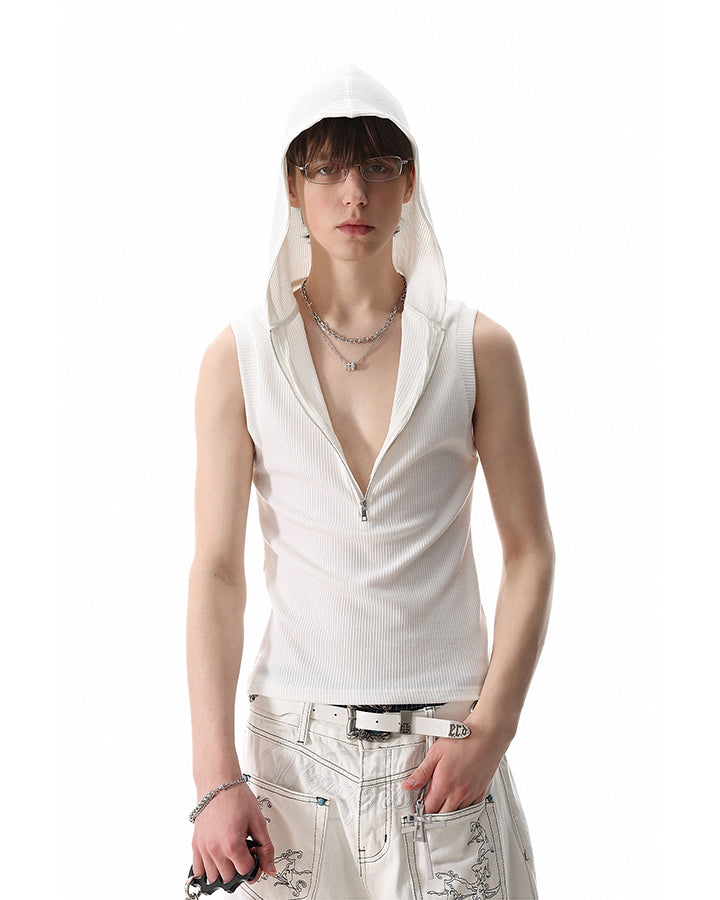 New Dark Ribbed Hooded Sleeveless Zip Knit Top