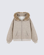 Striped Hoodie Jacket with Fur Trim
