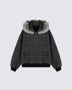 Striped Hoodie Jacket with Fur Trim