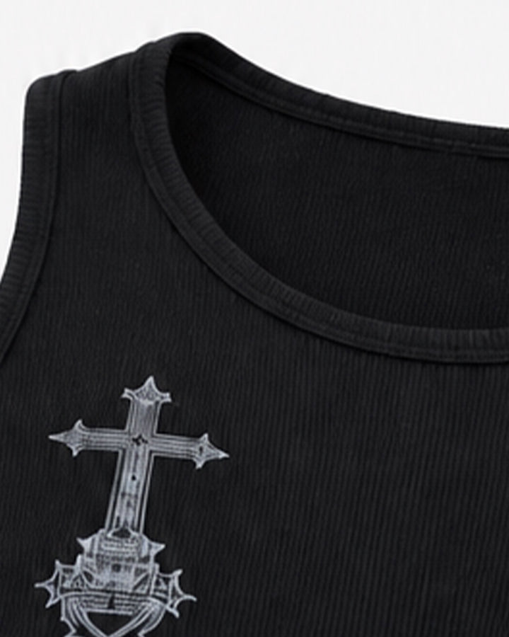 New Gothic Cross Embroidered Slim Ribbed Tank Top