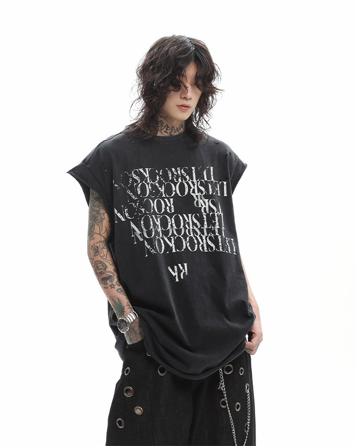 Grunge Washed Raw Edge Sleeveless Graphic Tee