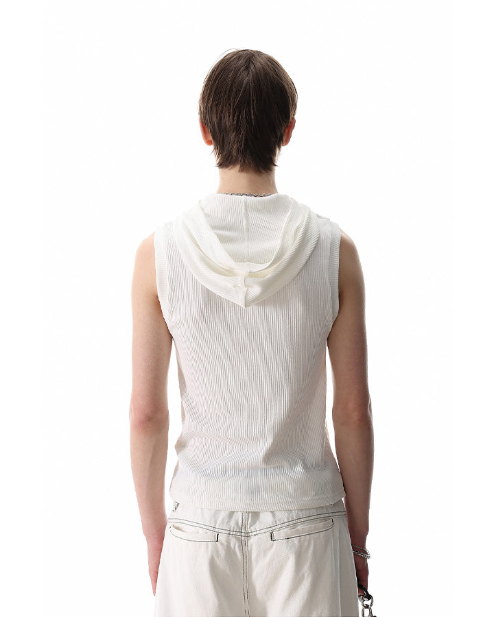 New Dark Ribbed Hooded Sleeveless Zip Knit Top